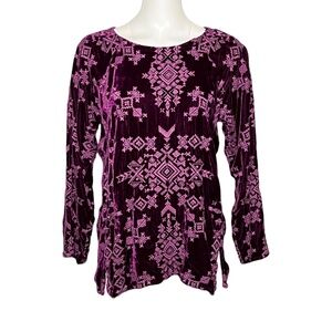 Johnny Was Boatneck Embroidered Velvet Rayon Silk-Blend Purple Tunic Top Size S